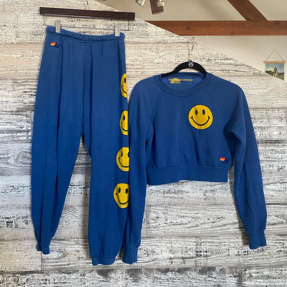 Aviator Nation Blue Smiley Face Cropped Sweatshirt & Joggers Set